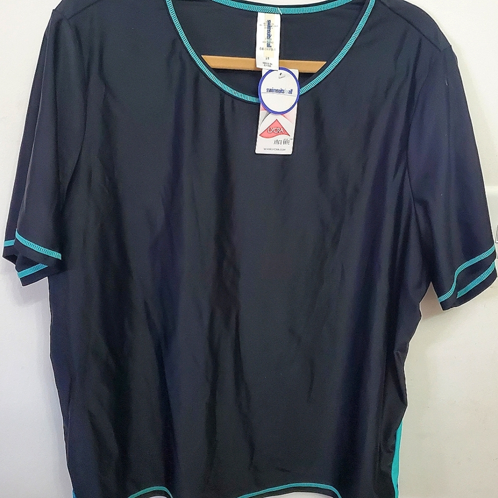 🤘Swimsuits For All Short Sleeve Swimshirt Black Aqua Teal Size 24 Colorblock